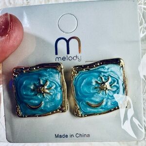 Melody Sun and Moon Blue Enamel Gold Tone Stud Earrings